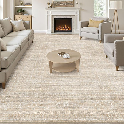 7x9 Area Rug Living Room: Washable Large Neutral Soft Rug Farmhouse Stain Resistant Indoor Non-Slip Floor Carpet for Bedroom Nursery Kids Playroom Office Dining Room Dorm- Beige