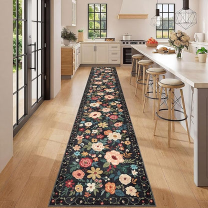 DUKINO 2x12 Washable Runner Rug, Ultra Soft Floral Runner Rug for Hallway, Boho Non Slip & Non Shedding Indoor Entryway Carpet for Kitchen, Laundry Room, Bathroom, Bedroom, Entrance, Black