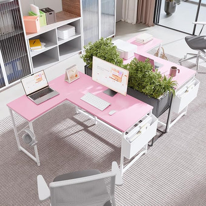 Pamray 47 Inch Reversible L Shaped Gaming Desk Corner Computer Desk with Storage Bag Home Office Table for Writing Study Pink