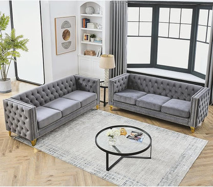 mikibama 2PC Velvet Sofa Couch Set for Living Room,Button Tufted 3 Seater Sofas Set of 2,Modern Upholstered 3-Seat Couches with Nailhead Trims,Golden Metal Legs for Bedroom
