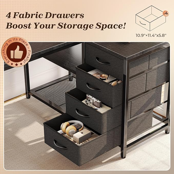 PRAISUN 43.3" Small Computer Desk with Power Outlets & USB-C Port, Reversible L Shaped Corner Office Desk with 4 Fabric Drawers and 2 Adjustable Storage Shelves, for Gaming Writing, Black