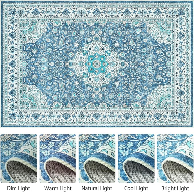 Goideal Washable Rug 2x3, Vintage Area Rugs Non Slip, Indoor Low Pile Carpet with Rubber Backing for Kitchen Bathroom Entryway Office Bedroom,Blue & Teal