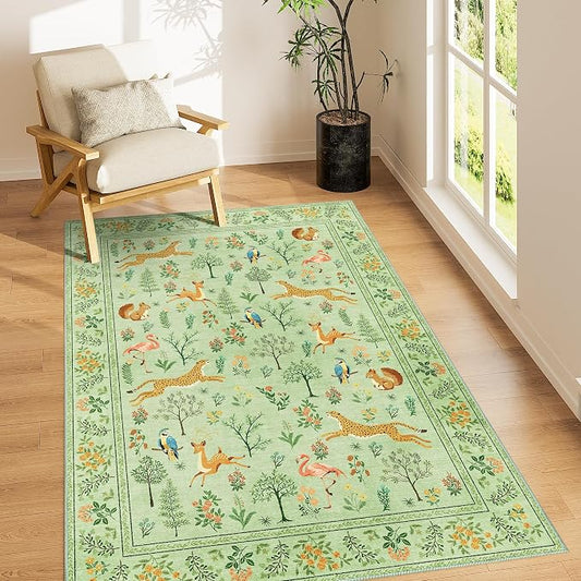 DUKINO 4x6 Rug, Washable Animal Area Rug with Non Slip Vintage Design, Indoor Soft Low Pile Carpet for Bedroom, Nursery, Dining Room, Farmhouse, Playroom, Light Green