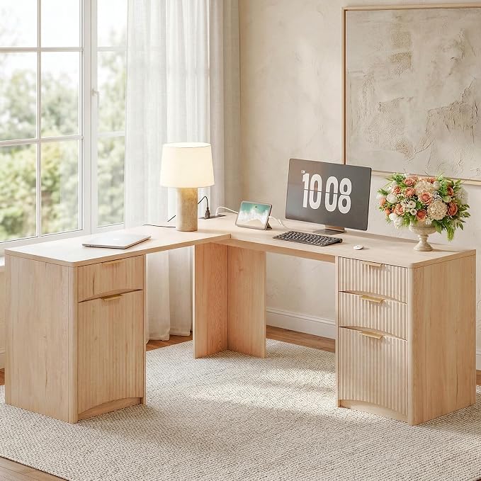 Whalefall 63'' Fluted L Shaped Desk with Drawers, Natural Oak | Corner Computer Desk with Charging Station, Modern Executive Home Office L Desk with File Cabinet Storage