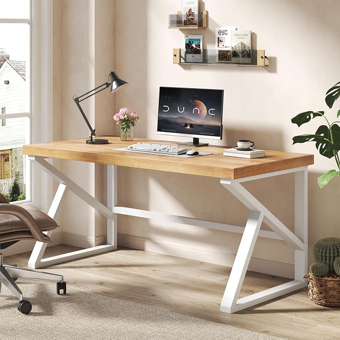 IBF 100% Solid Wood Desk, Minimalist Natural Real Wood Computer Desk, Rustic Desk for Home Office Writing Study, Industrial Wooden PC Gaming Workstation Table, Natrual Oak 47 inch