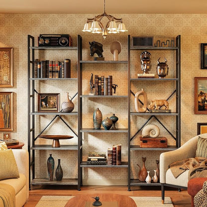 SUPERJARE Triple Bookshelf, Bookcase with 14 Open Display Shelves, Wide Book Shelf Book Case for Home & Office, 5 Tier, Grey
