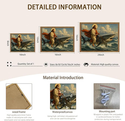 Framed Jesus Riding a Shark Wall Art, Humorous Christian Canvas Print, Fun Jesus Oil Painting, Religious Comedy Wall Decor, Christian Home Decor Gift for Living Room Bedroom Bathroom 16x24 inch