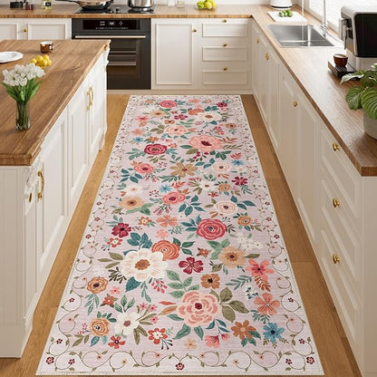 DUKINO 3x8 Runner Rug, Washable Rug for Kitchen with Non Slip Backing, Soft Non Shedding & Low Pile Design Long Floor Carpet Runner for Hallway, Bathroom, Entryway, Laundry, Beige
