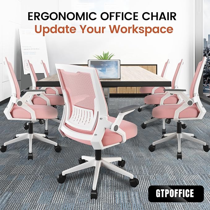 GTPOFFICE Ergonomic Office Chair, Computer Desk Chair Comfy with Adjustable Lumbar Support, Mid-Back Mesh Office Chair with Flip-up Armrest, Tilt Function Task Chair for Home, Bedroom, Gaming, Pink
