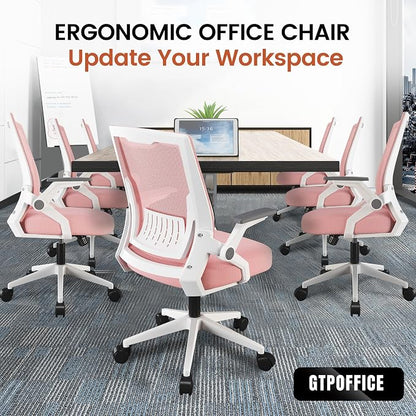 GTPOFFICE Ergonomic Office Chair, Computer Desk Chair Comfy with Adjustable Lumbar Support, Mid-Back Mesh Office Chair with Flip-up Armrest, Tilt Function Task Chair for Home, Bedroom, Gaming, Pink