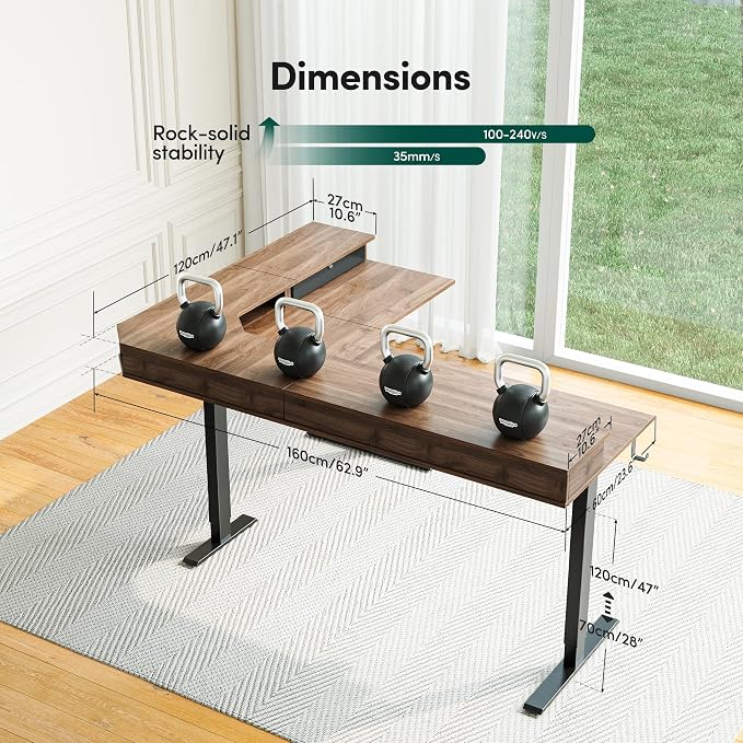 FEZIBO L Shaped Electric Standing Desk, 63x48 inch Large with Drawers | Reversible Tabletop, 2 Memory Height Settings | Home Office & Gaming Height-Adjustable Table, Black Walnut（2 Packages）