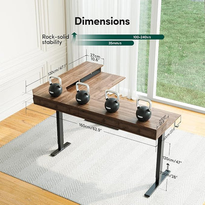 FEZIBO L Shaped Electric Standing Desk, 63x48 inch Large with Drawers | Reversible Tabletop, 2 Memory Height Settings | Home Office & Gaming Height-Adjustable Table, Black Walnut（2 Packages）
