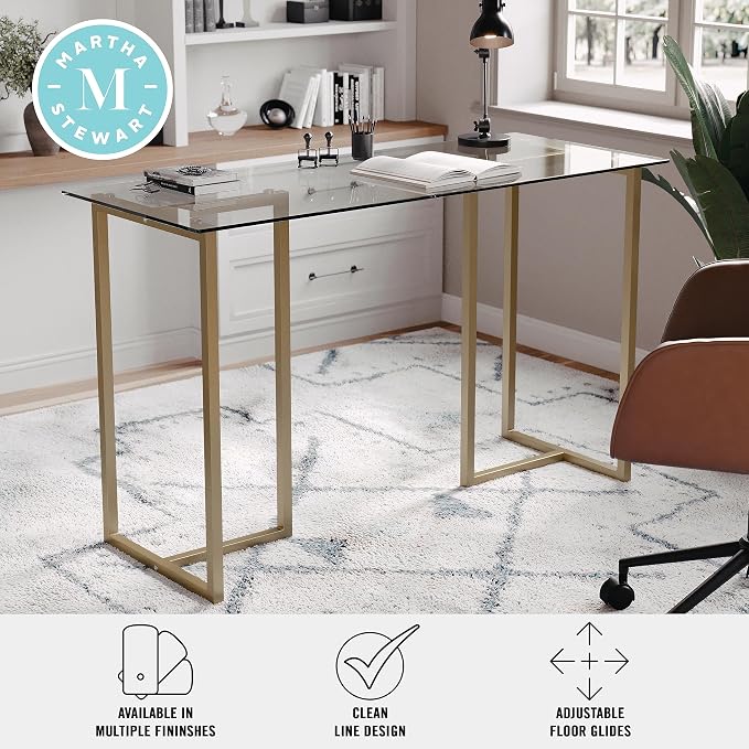 Martha Stewart Eli Home Office Desk with Glass Top and Steel Frame, Polished Brass