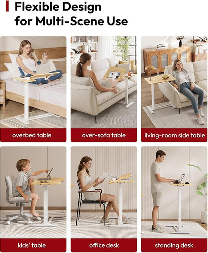 SANODESK Small Rolling Overbed Table Adjustable Height with Wheels, Mobile Laptop Desk with Tilting Desktop, Portable Computer Workstation for Home Office, Classroom, Bedside, Maple