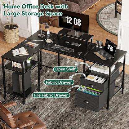 Furologee 50 Inch L Shaped Gaming Desk with Power Outlet, Corner Computer Desk for Home Office, Reversible Work Study Table with File Drawer, Monitor Stand, Storage Shelves, Black