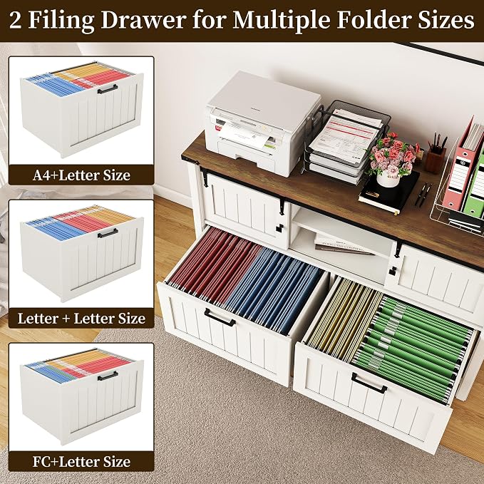 2 Drawer Lateral File Cabinet with Outlets & Charging Station for Files Letter/FC/A4, Farmhouse Filing Cabinets for Home Office Storage, Wooden Print Stand, 46.4" Wide, Antique White