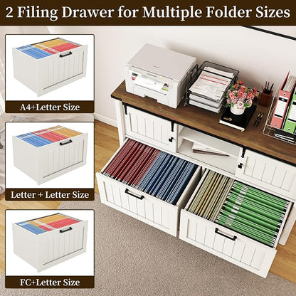 2 Drawer Lateral File Cabinet with Outlets & Charging Station for Files Letter/FC/A4, Farmhouse Filing Cabinets for Home Office Storage, Wooden Print Stand, 46.4" Wide, Antique White