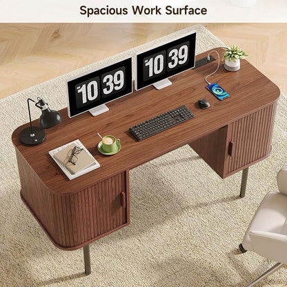 ONBRILL 55 Inch Fluted Computer Desk with Charging Station, Mid Century Executive Desk with 2 Storage Cabinets, Modern Home Office Large Desk with Metal Legs for Working, Studying, Writing, Walnut