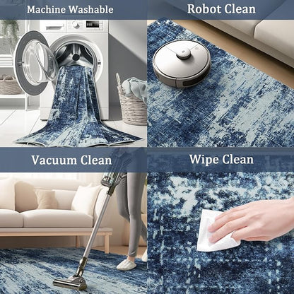 5x7 Area Rug Living Room Rugs - Washable Rug Large Modern Abstract Soft Thin Carpets Indoor Floor No Slip Vintage Carpet for Bedroom Under Dining Table Nursery Home Office Decor Deep Blue