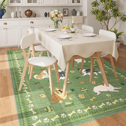 DUKINO 5x7 Rug for Living Room, Lightweight Animal Dog Print Washable Area Rug, Soft Non Slip & Low Pile Floor Mat, Stain Resistant Large Carpet for Bedroom, Nursery, Dining Room, Kids Playroom, Green