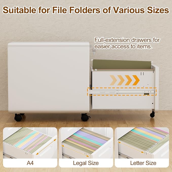 File Cabinet, Mobile Filing Cabinet with Lock, All Steel Structure Printer Stand, Fully Assembled Except Casters, Under Desk Storage for Home Office, 2 Drawers Document Organizer, White