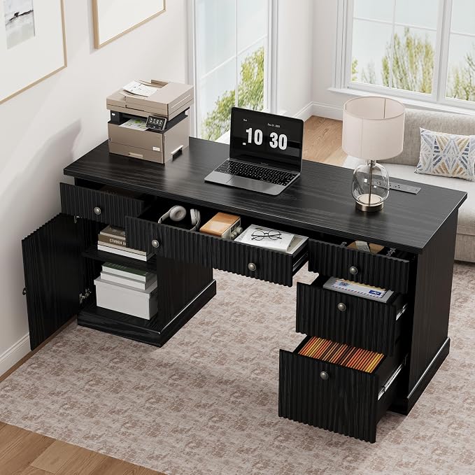 Garvee 60" Office Desk with Storage & Drawers, Fluted Wood Executive Desk with File Drawers & Charging Station, Modern Computer Desk with Adjustable Shelves for Home Office, Black