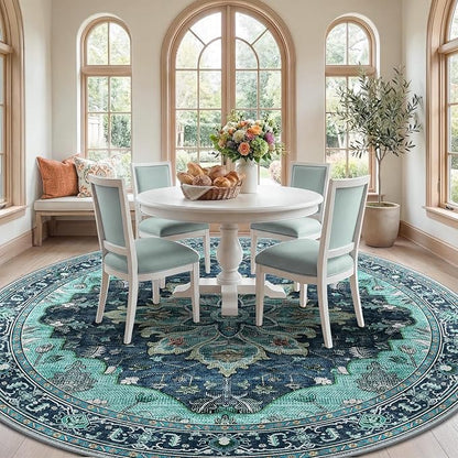 RELEANY Area Rugs Round 10ft Washable Non-Slip, Floral Vintage Distress Medallion Carpet for Living Room Bedroom Dining Room, Teal Green Lake Blue Turquoise