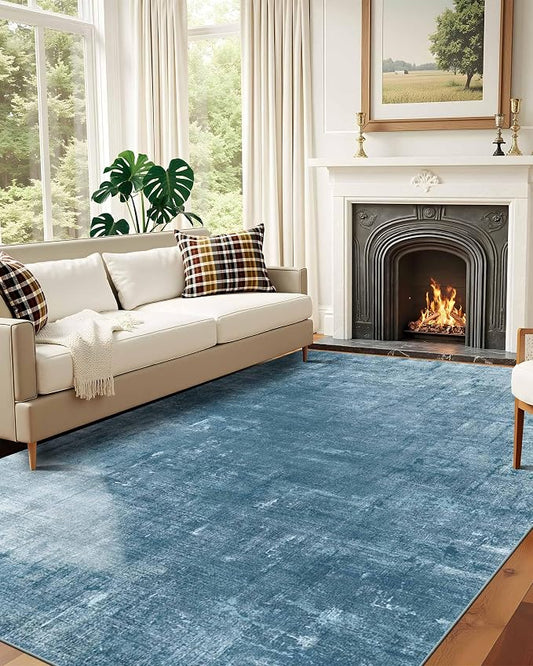 Latte&Fog 9x12 Area Rug for Living Room, Extra Large Blue Modern Abstract Washable Rugs, Boho Non Slip Low Pile Carpet for Indoor Bedroom Dining Room, Office, Dorm, Classroom and Farmhouse - Blue