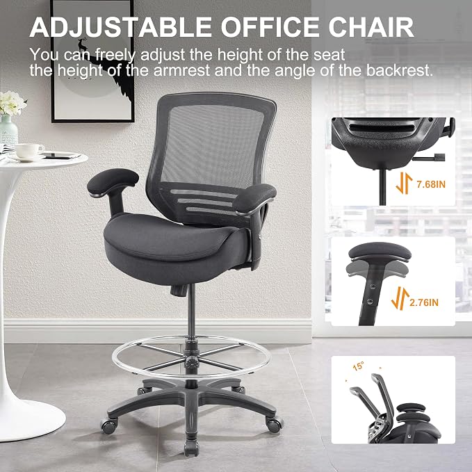 400lbs Office Drafting Chair Wide Dual Seat Cushion for High Standing Desk with Lumbar Support and Enlarged Adjustable Footrest-Black