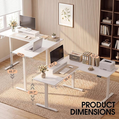 Furmax 63 x 55 Inch L Shaped Standing Desk with 2 Preset Heights, Electric Height Adjustable Computer Table, 2 Hooks & Feet Balance, Corner Sit Stand Desk for Home Office (White, 63 x 55 Inch)