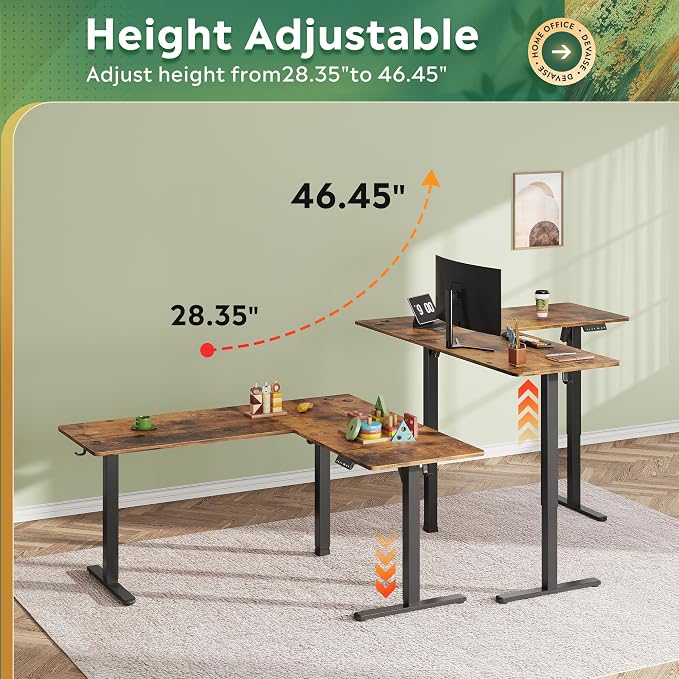 DEVAISE 63 Inch L Shaped Electric Standing Desk, 3 Adjustable Computer Desk for Home Office, Sit to Stand Desk with LED Touchscreen，Headphone Hook, 3 Memory Preset, with Split Top, Rustic Brown