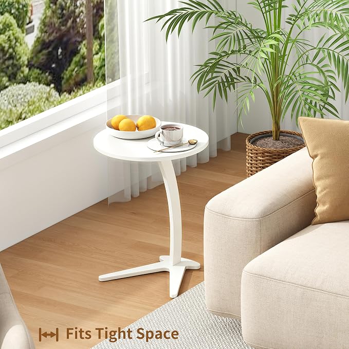C Shaped End Table, Small Round Side Table for Couch, Slide Under Sofa Tray Desk for Living Room Bedroom, Solid Wood TV Tray Table for Narrow Space (15” White)
