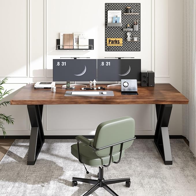 Solid Wood Desk 63 Inches, Live Edge Wooden Home Office Computer Desk Metal Frame Modern Simple Design Executive Real Wood Desk for Writing Study Dining Gaming