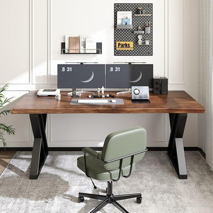Solid Wood Desk 63 Inches, Live Edge Wooden Home Office Computer Desk Metal Frame Modern Simple Design Executive Real Wood Desk for Writing Study Dining Gaming