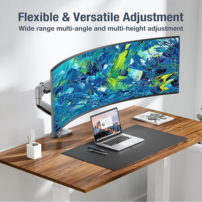 AVLT Single Monitor Arm Desk Mount for 17-45" Screens, Heavy Duty - Gray | Supports flat, curved or ultrawide screens up to 26.4 lbs. Mechanical spring, 4 VESA patterns and tool-free cable management.