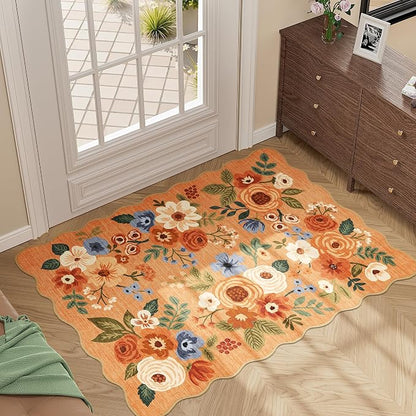 DUKINO 2x3 Entryway Rug, Floral Washable Indoor Door Mat with Non-Slip Backing, Soft Low Pile Small Front Door Throw Rugs for Entryway, Kitchen, Bedroom, Laundry, Bathroom, Orange