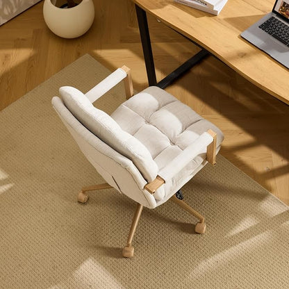 VINGLI Comfy Linen Office Desk Chair with Wheels & Detachable Cushions & Wood-Like Armrests,Swivel Small Computer Task Chair,Adjustable for Girl Makeup Vanity,Teen/Kids Study,Nail Tech,Sewing,White