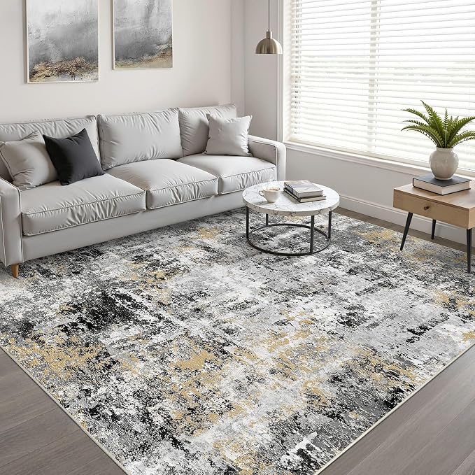 5x8 Area Rug Living Room: Washable Large Abstract Neutral Modern Soft Rug Stain Resistant Indoor Floor Non-Slip Accent Carpet for Bedroom Nursery Playroom Dining Room Office Dorm Home- Black Gold