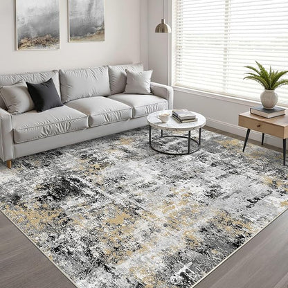 6x8 Area Rug Living Room: Washable Large Abstract Neutral Modern Soft Rug Stain Resistant Indoor Floor Non-Slip Accent Carpet for Bedroom Nursery Playroom Dining Room Office Dorm Home- Black Gold