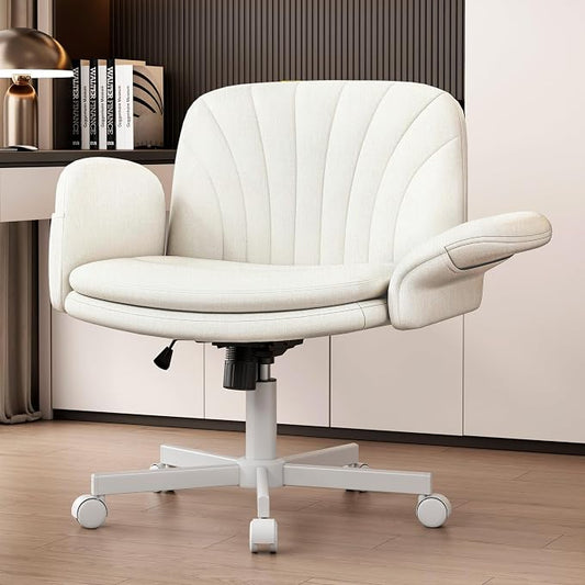 Vonesse Criss Cross Office Chair with Wheels & Armrests, Height Adjustable Vanity Chair, Makeup Chairs with Side Pockets Design, Comfortable Computer Desk Chairs for Home (Linen Fabric,White)
