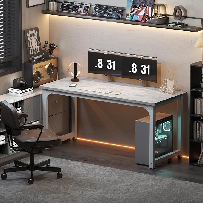 NSdirect 63" Large Computer Desk,Modern Simple Style PC Table Office Desk Wide Workstation for Study Writing,Gaming and Home Office,Extra 1" Thicker Wooden Tabletop and Black Metal Frame,Stone White