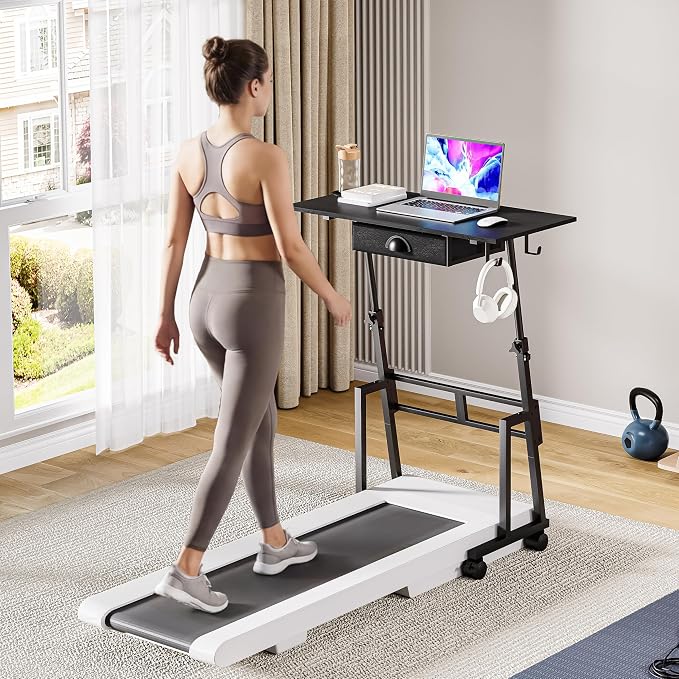 Adjustable Height Standing Desk with Drawer, Rolling Sit to Stand Up Desk with Wheels Height 31.5"-43.3" Small Mobile Laptop Standing Desk for Treadmill Walking Pad, Movable Classroom Podium (Black)