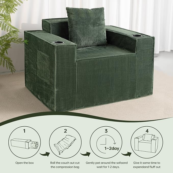 Cloud Single Sofa,Chaise Lounge Chair with Cup Holder & Side Pocket,Elevated Seat Height,No Assembly Required,Boneless Corduroy Chair for Small Space,Bedroom,Office (Green, Single Sofa)