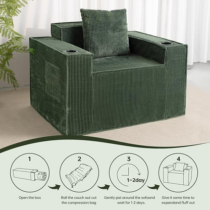 Cloud Single Sofa,Chaise Lounge Chair with Cup Holder & Side Pocket,Elevated Seat Height,No Assembly Required,Boneless Corduroy Chair for Small Space,Bedroom,Office (Green, Single Sofa)