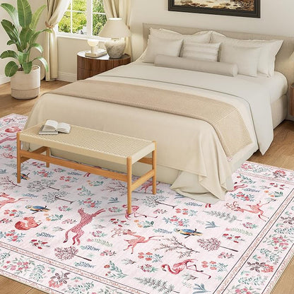 DUKINO 8x10 Rug, Washable Animal Living Room Rug with Non Slip Vintage Design, Soft Low Pile Large Carpet for Bedroom, Nursery, Dining Room, Farmhouse, Playroom, Pink