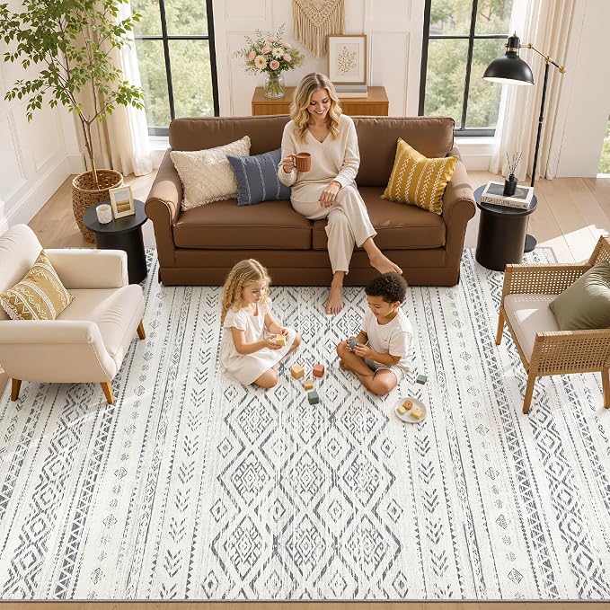 Nakagishi Area Rug Living Room Rugs: 8x10 Large Soft Machine Washable Boho Moroccan FarmNeutral Stain Resistant Indoor Floor Carpet for Bedroom Under Dining Table Home Office Decor-Grey