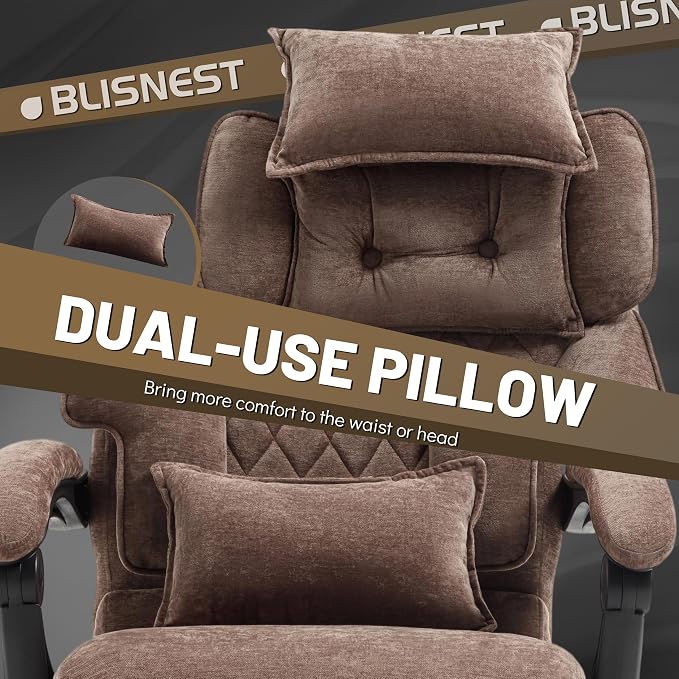 Massage Office Chair with Foot Rest,6 Points Vibration & Heat Executive Office Chairs,Ergonomic Fabric Desk Chair for Heavy People,Big and Tall Office Chair 500LBS,Recliner with Dual-Use Pillow,Brown