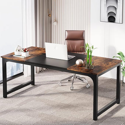 LITTLE TREE 70.8 Inch X-Large Executive Computer Office Desk, Brown+Black