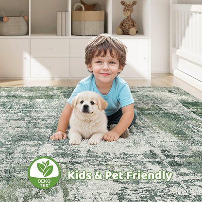 7x9 Area Rug Living Room: Washable Large Abstract Soft Stain Resistant Indoor Floor Rugs Non-Slip Accent Carpet for Bedroom Nursery Playroom Office Dining Room Home House- Dark Green