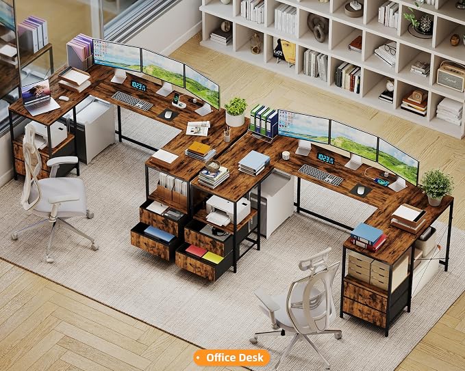 YOSHOOT 67" U Shaped Computer Desk, Reversible L Shaped Gaming Desk | Corner Desk with Power Outlets, 4 Drawers, 2 Storage Shelf, Computer Table with 4 Installation Methods, Rustic Brown